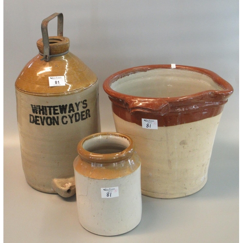 81 - Whiteway's Devon cider two tone stoneware flagon,  together with a stoneware utensil jar and another... 