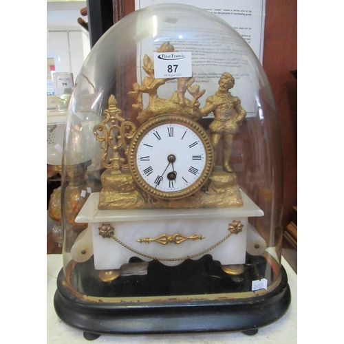 87 - French gilt spelter and alabaster figural single train mantel clock on a wooden base with glass dome... 