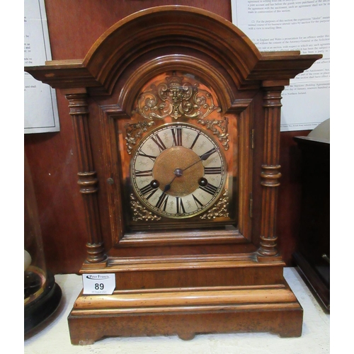 89 - Early 20th Century German two train walnut cased mantel clock with brass face having Roman chapter r... 