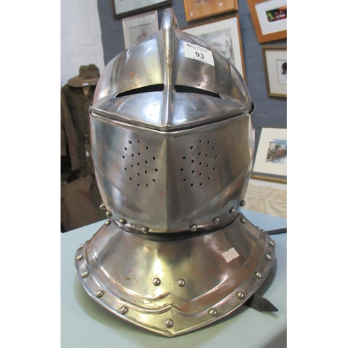 93 - Reproduction steel knights helmet with two piece visor. 36cm high approx. 
(B.P. 21% + VAT)