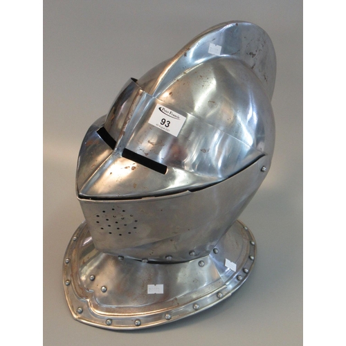 93 - Reproduction steel knights helmet with two piece visor. 36cm high approx. 
(B.P. 21% + VAT)