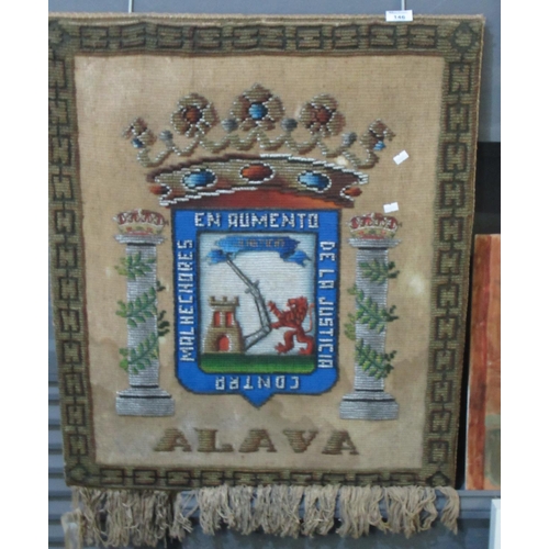 156 - Probably 19th Century tapestry heraldic banner, 'Alava'. 80 x 68cm approx. 
(B.P. 21% + VAT)
