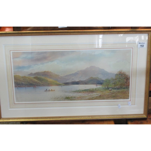 164 - E Lewis (British), Scottish loch scene with figures and boats, signed, watercolours, 24 x 53cm appro... 