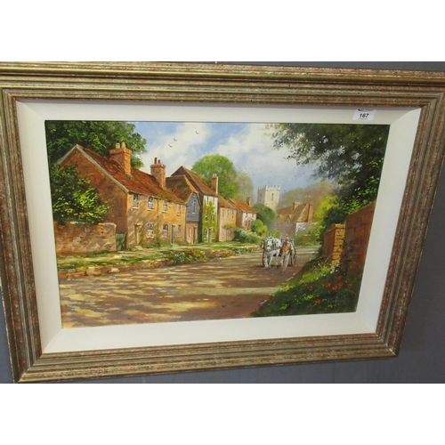 170 - R Telford, English country village scene with horse drawn milk float and distant church, signed, oil... 