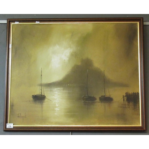 172 - John Bampfield, moonlit scene with moored boats, probably St Michaels Mount, signed, oils on canvas,... 