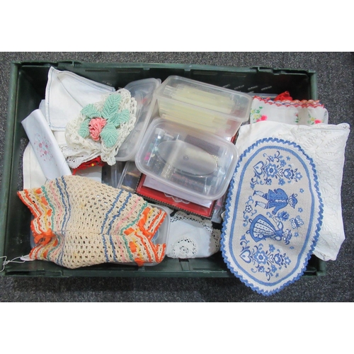 112 - Box containing various vintage haberdashery items to include; beads, various colours of threads, sci... 