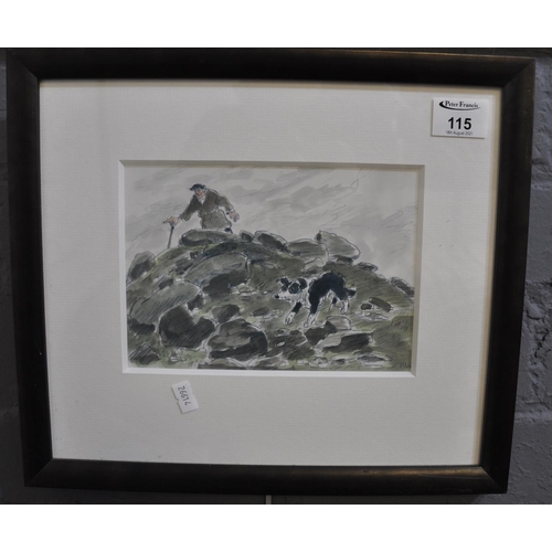 115 - After Sir John Kyffin Williams, Farmer on a mountain top with collie dog, coloured print. Signed wit... 