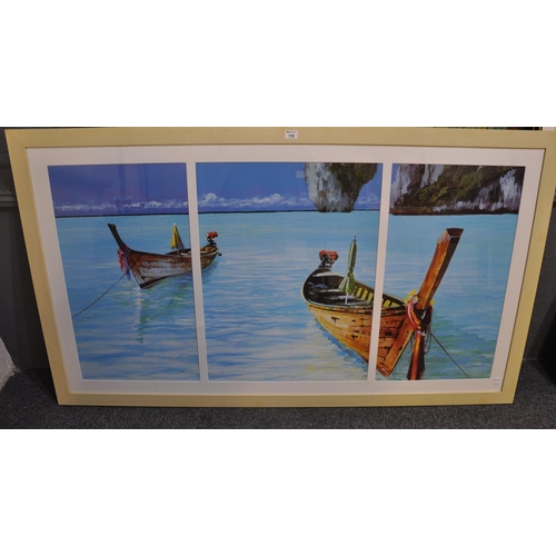 116 - Large framed coloured furnishing print of far Eastern (possibly Malaysia) fishing boats off a coastl... 