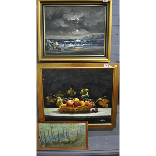118 - David Nahmac beach scene with distant sailing boat under dark skies, signed, oils on canvas framed 4... 