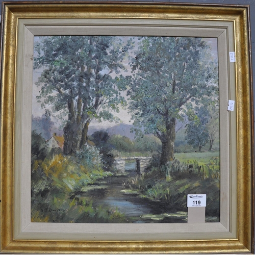 119 - A J Danbery pastoral scene with river and stone bridge. Signed. Oils on canvas framed. 38 x 38 cm ap... 