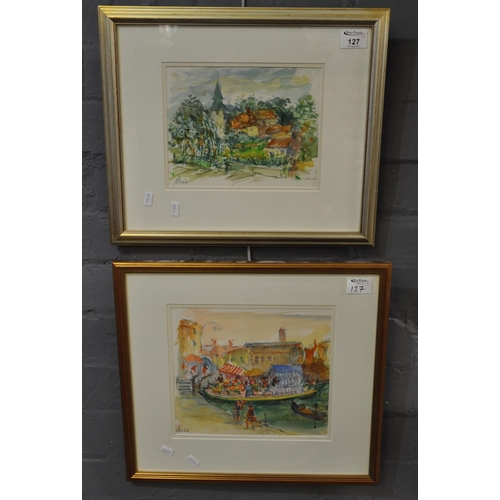 127 - Andre Bicat, 'St. Pierre, Normandy' 23 x 26 cm approx, and 'Fruit and Vegetable Boat, Burano' 18 x 2... 