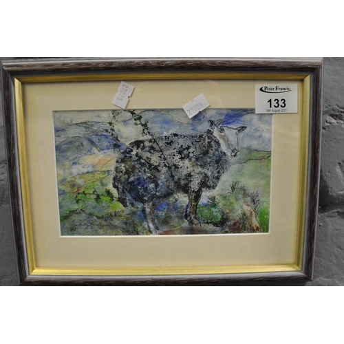 133 - Audrey Bradly (Welsh 20th century), 'Sheep on a Tump'. Signed. Oils, framed and glazed. 11 x 18 cm a... 