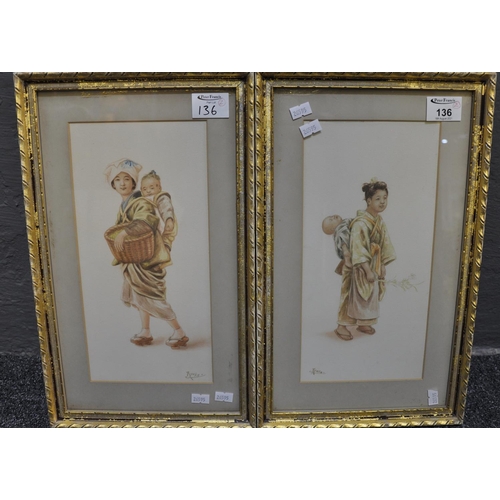 136 - Ryuko (Japanese school) pair of portraits of women with children on their backs, signed. Water colou... 