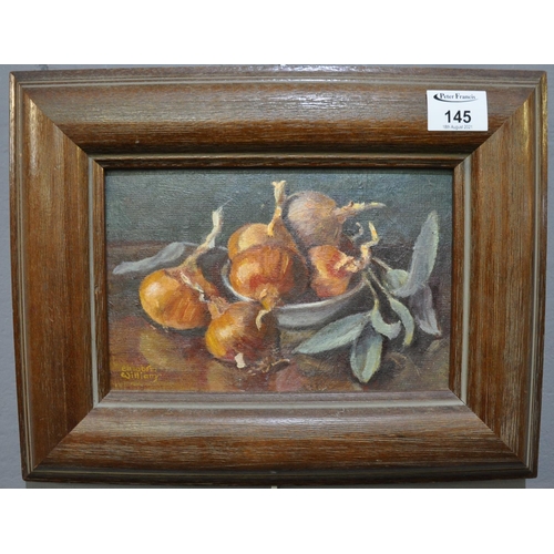 145 - Elizabeth Williams (20th Century Welsh), 'Six Shallots and Sage', signed, oils on board, 15 x 23cm a... 