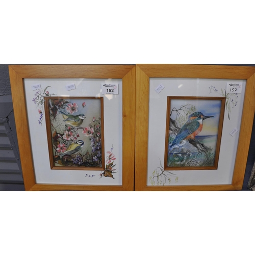 152 - Iris Bowen Evans, bird studies painted on silk. 17.5 x 13 cm approx. Framed and glazed. (2)
(B.P. 21... 