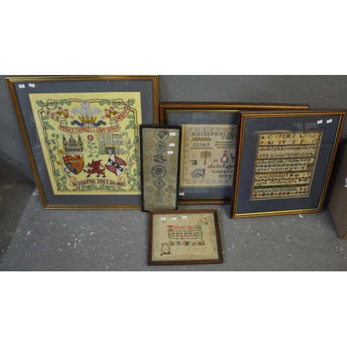163 - Box of assorted samplers and tapestry work. Framed. (5)
(B.P. 21% + VAT)