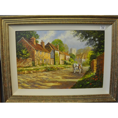 170 - R Telford, English country village scene with horse drawn milk float and distant church, signed, oil... 