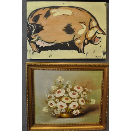 173 - S Reynolds study of a pig, oils on canvas, signed 50 x 70 cm approx. Together with a modern still li... 