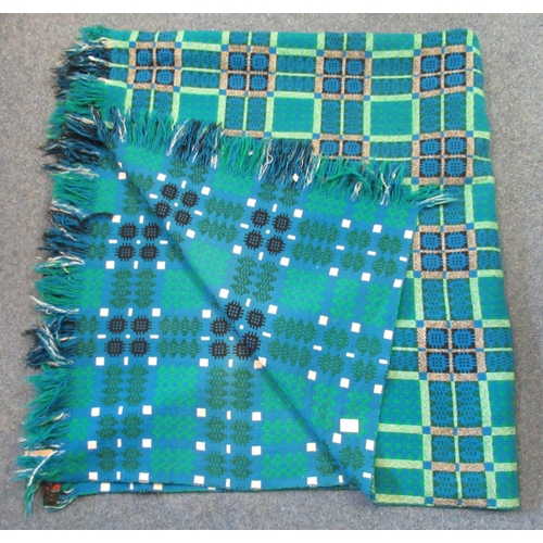 177 - Blue ground vintage woollen Welsh tapestry blanket with fringed edges and a Derw product label. 
(B.... 