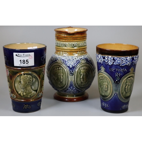 185 - Two similar Doulton Lambeth stoneware commemorative beakers, together with another Doulton commemora... 