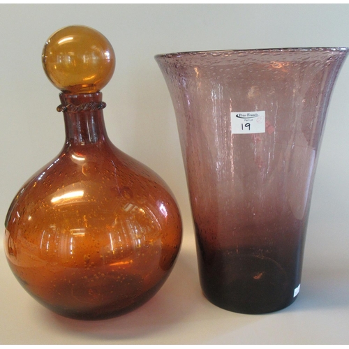 19 - Two modern art glass items to include; an amber coloured decanter and stopper of baluster form, toge... 