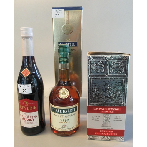20 - Three bottles of brandy to include; Martell fine cognac  VS, 70cl, 40% volume, in original box, a Re... 