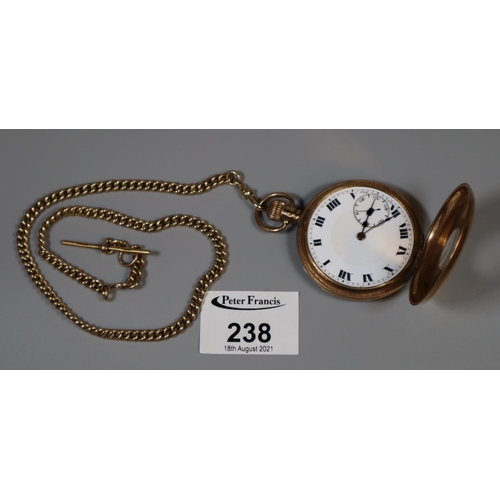 238 - 9ct gold half hunter pocket watch. Inner and outer cases all 9ct gold with white enamel face and Rom... 