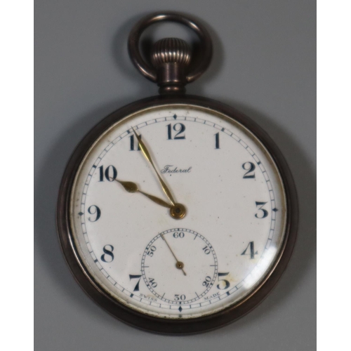 239 - Silver 'Federal' open faced pocket watch with white enamel face. Birmingham hallmarks.
(B.P. 21% + V... 