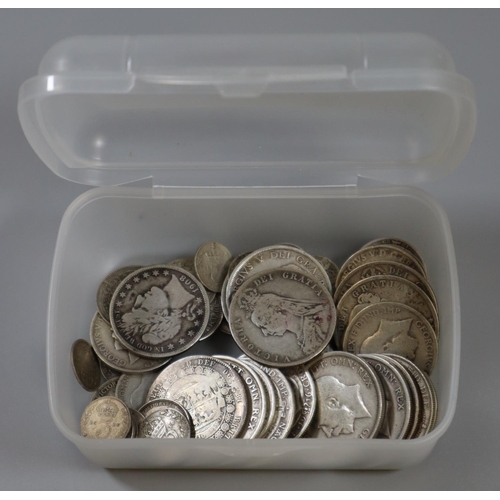 243 - Plastic tub of silver coins, mainly British, some American to include florins, half crowns, etc. Wei... 