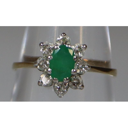 271 - 9ct gold flower head design dress ring, set with green central stone and small diamonds. 1.5g approx... 