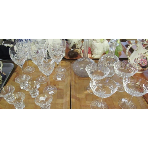 304 - Two trays of glassware to include; champagne glasses with star cut bases, vintage style liqueur glas... 