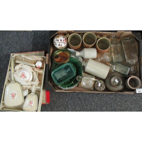 331 - Box of assorted items to include; glass bottles, stoneware bottles, art pottery mugs, jars with lids... 