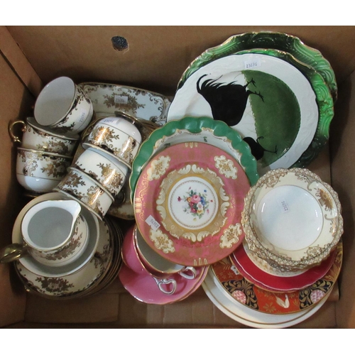 334 - Box of assorted china to include; Meilo china part teaset, Royal Worcester vitreous floral plate, Ay... 