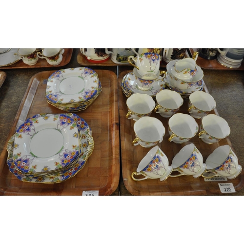 338 - Two trays of New Chelsea fine bone china part tea set in 'Woodlands' pattern comprising: eleven cups... 