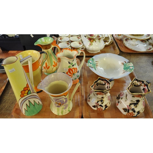 340 - Two trays of ceramics comprising: two Mason's Ironstone 'Mandalay' pattern jugs, a Clarice Cliff New... 