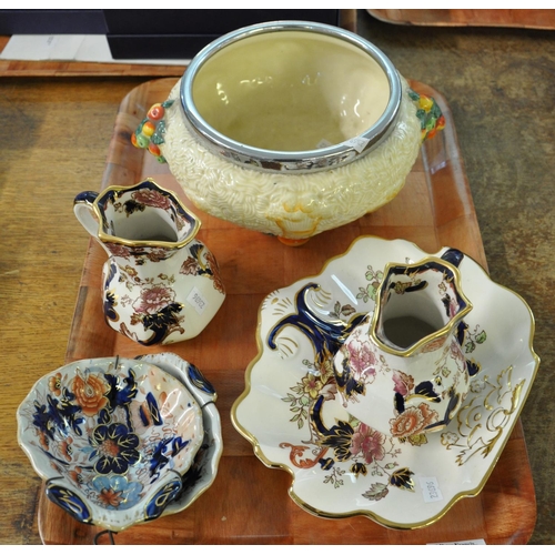 342 - Tray containing Clarice Cliff 'Celtic Harvest' bowl with a white metal rim, two Mason's Ironstone 'M... 