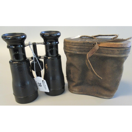 39 - Pair of 'Scout's Military' binoculars, probably First World War period in appearing original leather... 