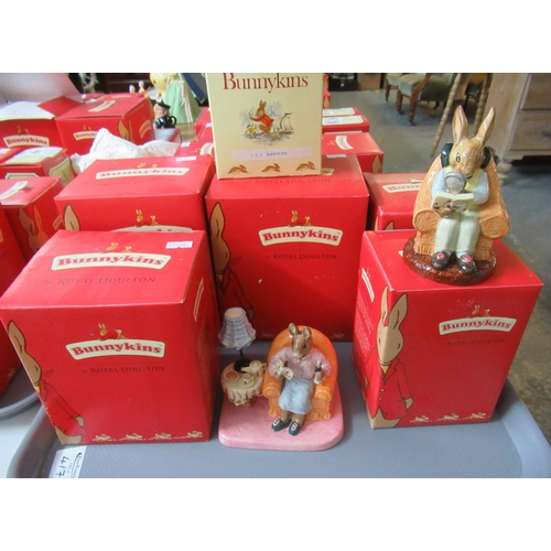 417 - Five trays of boxed Royal Doulton 'Bunnykins' figurines to include; Mrs Collector Bunnykins, Fireman... 