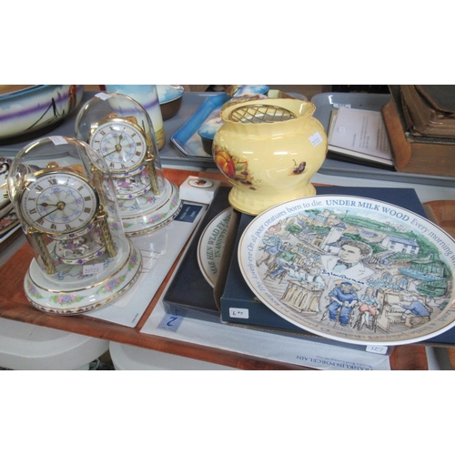 419 - Pair of modern German Carousel porcelain mantel clocks with glass domes, together with an Aynsley 'O... 