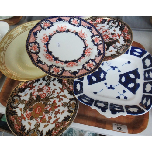 420 - Tray of china to include; Royal Worcester 2770 centre bowl, Royal Crown Derby plates and two handled... 