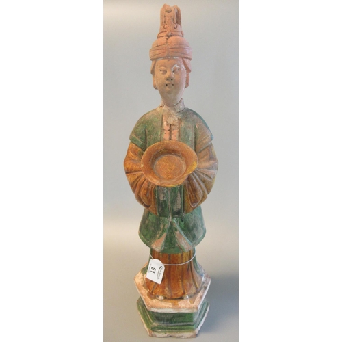 51 - Chinese Sancai glazed Mingqi earthenware pottery standing female tomb attendant figure bearing a was... 