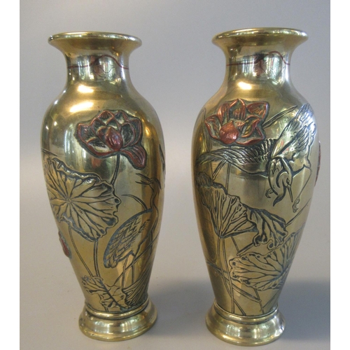 53 - Pair of Japanese polished yellow metal baluster shaped vases decorated with foliage and cranes. 15cm... 