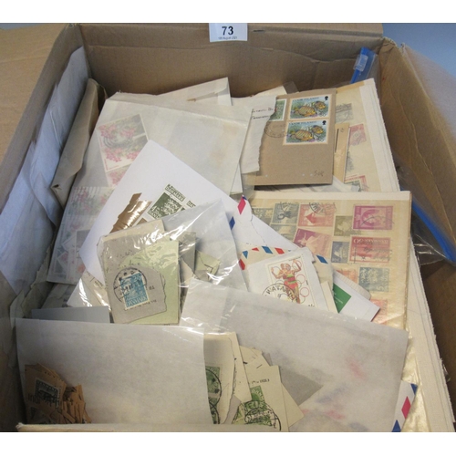 73 - Box with thousands of stamps on and off paper on pages, in packets and envelopes plus a few covers. ... 