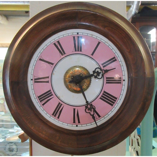76 - Early 20th Century German postman's alarm two weight wall clock, having metal enamelled Roman face, ... 