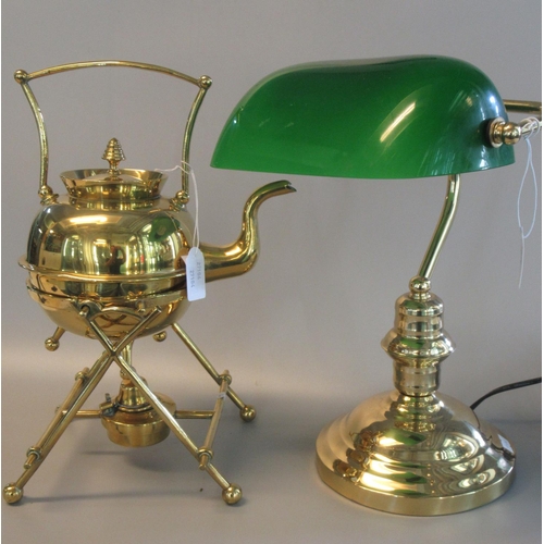 79 - Brass spirit kettle on burner stand in the style of Christopher Dresser, together with a modern bras... 