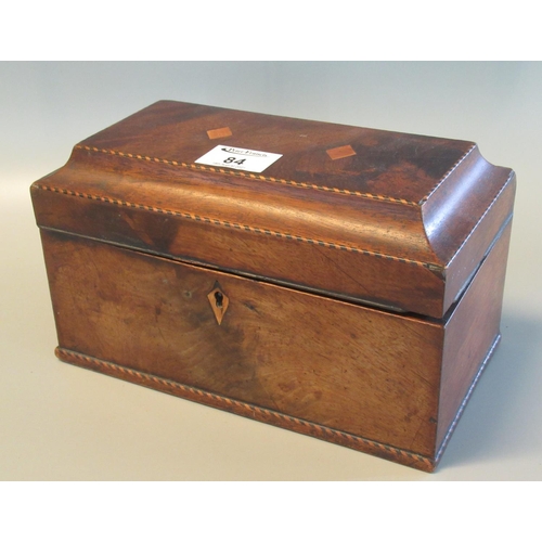 84 - Late 18th Century mahogany two compartment tea caddy with stepped hinged cover and herringbone strun... 