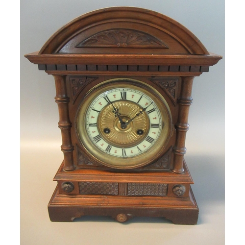 98 - Early 20th Century German two train wooden architectural mantel clock with ceramic Roman chapter rin... 
