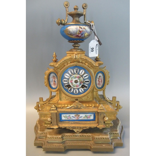 99 - 19th Century French gilt spelter architectural mantel clock with French porcelain panels, porcelain ... 