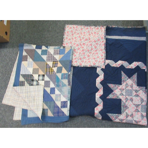 127 - Box of textiles to include; small patchwork quilt with check design patches and plain check to back,... 