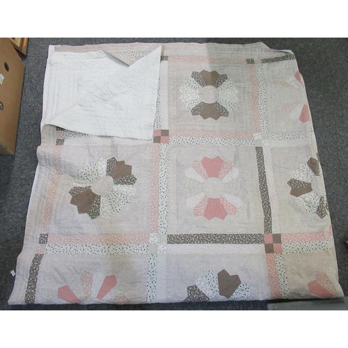 127 - Box of textiles to include; small patchwork quilt with check design patches and plain check to back,... 